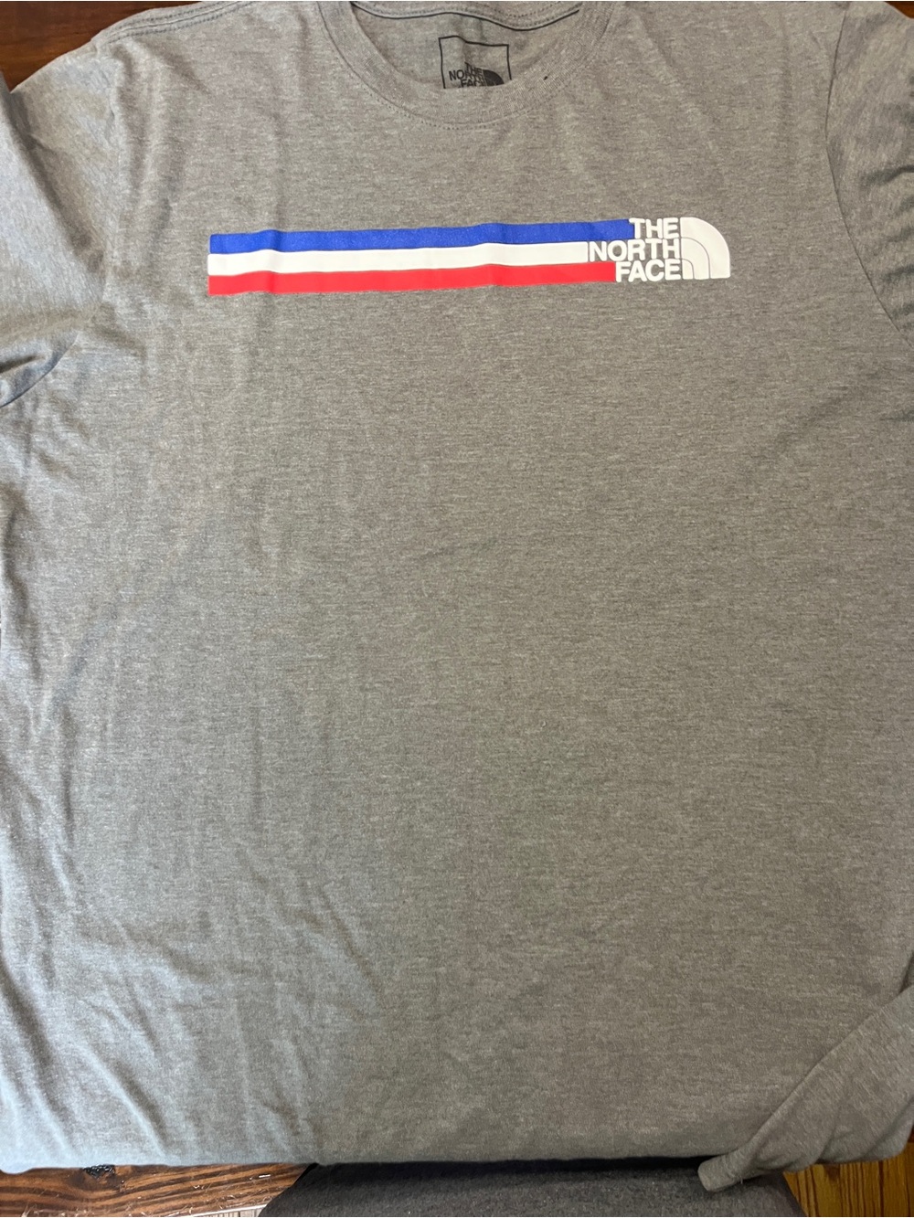 The North Face Gray Tee with Red, White & Blue Chest Stripes
